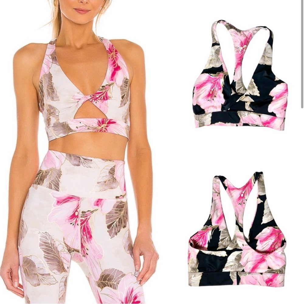 Beach Riot Floral Twist Cut Out Sports Bra in Black